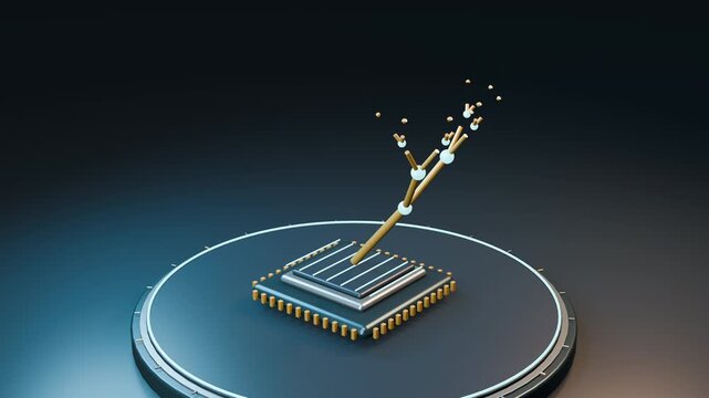 A branching circuit tree grows from a silicon substrate