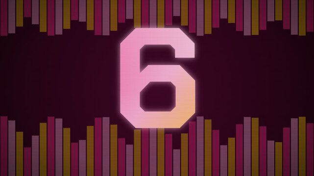 Digital countdown timer animation showing numbers 10, 5, and 0 with colorful vertical bars and glowing effect