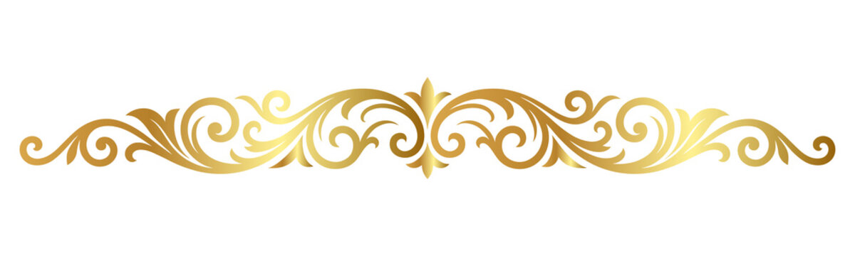 Elegant golden ornamental filigree scroll divider, luxury vintage floral border element for wedding invitation, certificate, or menu design, isolated on transparent background