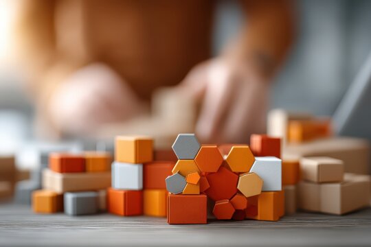 Close-up stacked wooden blocks in warm orange and gold tones on tabletop with blurred person preparing package and laptop in background, shallow depth of field, soft warm light