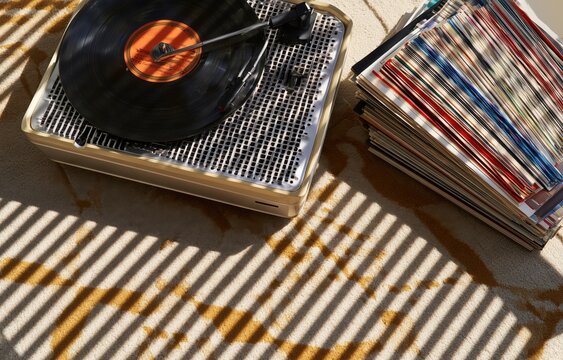 Vintage record player and LP stack on a patterned rug in window light