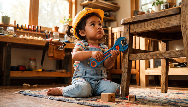 One year old Hispanic girl uses a toy wrench to fix a wooden chair in a workshop