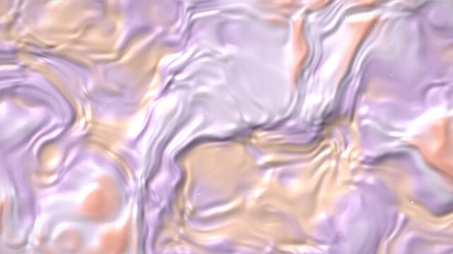 Abstract flowing liquid silk texture with pearlescent sheen in pastel purple and peach tones with subtle glitter particles