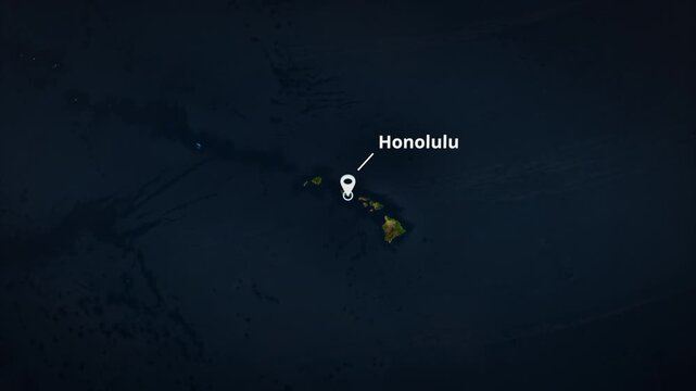 Satellite map zoom to Honolulu, Hawaii with a white location pin marker, concentric circle highlight, and typography. Ideal for travel documentaries, broadcast graphics, or geographical presentations.