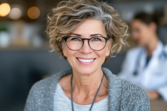 Female doctor smiling in medical consultation room with colleague in background and warm natural light, professional calm atmosphere, portrait view, shallow depth of field