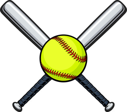 simple classic 2 twin crossed metal aluminum softball bats with grips and soft ball sports logo vector isolated on transparent background