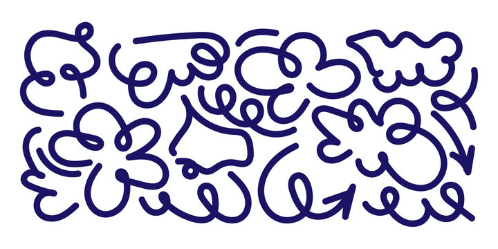 Set of dark blue hand drawn abstract doodle shapes and curly lines
