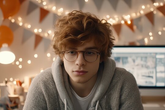Young man with curly hair and glasses working at cozy home desk in warm evening light, stylus poised above graphic tablet and monitor showing design project, focused expression and soft bokeh decor