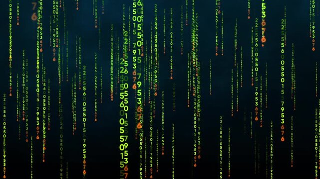 Digital matrix rain background: streaming green and orange binary code data streams for cyber security and technology concepts