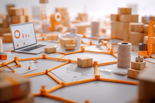 Small business owner packing orders at tabletop workspace with laptop sales dashboard and orange network lines connecting parcels and boxes in vibrant logistic scene, front view composition and golden