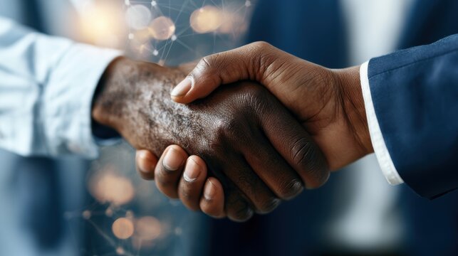 Close up of business people shaking hands against technology background, leader, teamwork, target, Aim, confident, achievement, goal, on plan, finish, generate by AI