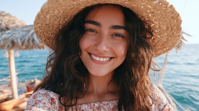 closeup shot of a good looking female tourist. Enjoy free time outdoors near the sea on the beach. Looking at the camera while relaxing on a clear day Poses for travel selfies smiling happy tropical