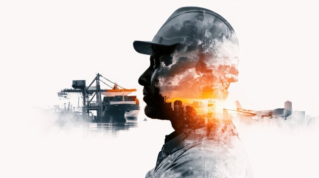 Double exposure photography of engineer man and the business Logistics and transportation of Container Cargo ship and Cargo plane with working crane bridge