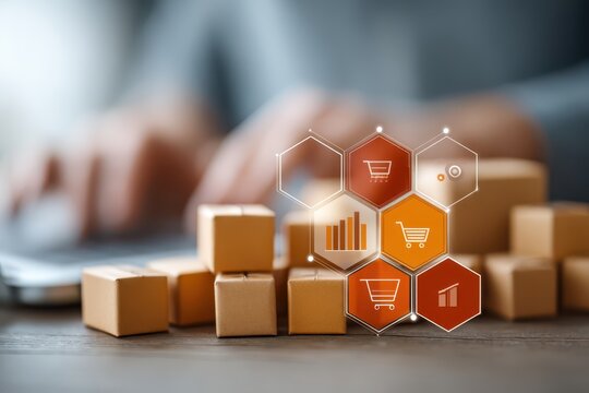 Small business owner preparing parcel at desk with laptop sales dashboard and stacked cardboard cubes forming network diagram in warm natural light and shallow depth of field.