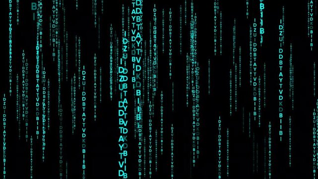 Digital matrix rain background: glowing cyan binary code falling data stream for cyber security and technology concepts
