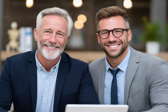 Two men in office consultation smiling toward camera in warm modern workspace with tablet on desk and friendly professional interaction visible at close range and natural light