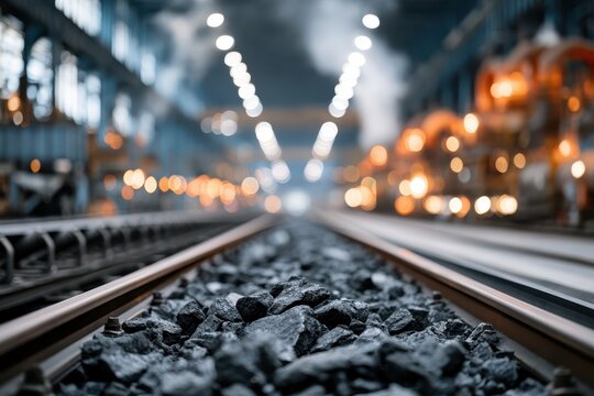 Low-angle close-up of coal bed between rails in active power plant turbine hall with glowing furnaces and steam haze creating dramatic industrial atmosphere - documentary energy scene
