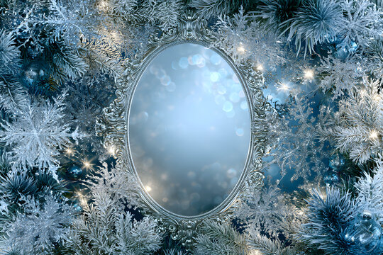 A blue Christmas-themed background, bordered by an oval frame