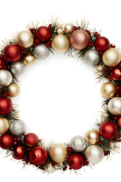 A white backdrop featuring a holiday frame and Christmas balls for a design