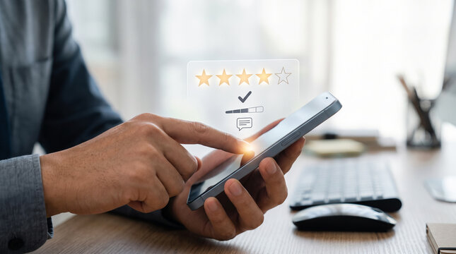 Customer satisfaction survey displayed on a smartphone with a five star feedback rating, representing online reviews, service quality assessment, customer experience, and business reputation.