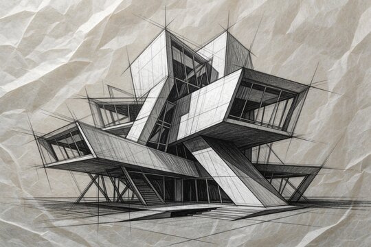 Architectural sketch of modern house on crumpled paper. Hand drawn graphite drawing shows complex building structure with geometric blocks, large windows. Abstract residential concept with technical