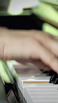 Close Up Of Pianist Hands Skillfully Playing Acoustic Piano - 4K Vertical