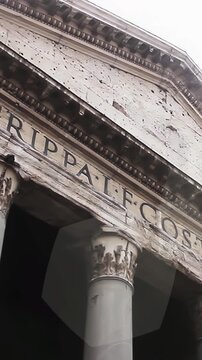 Close Up Of Corinthian Columns And Inscription At Pantheon In Rome - Vertical 4K