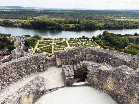 View over the Seine river from the stone ramparts of Chateau de La Roche-Guyon