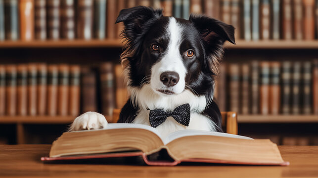 A black and white border collie wearing a bow tie looks toward the viewer from behind an open book, with rows of books on shelves in the background.