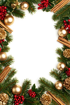 A Christmas Border with Decorations on a White Background