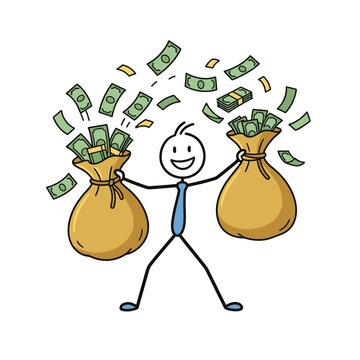 A happy stick figure person is joyfully holding two large money bags overflowing with cash, with banknotes flying out all around them.