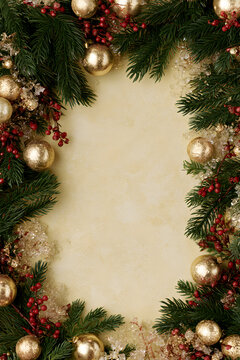 Yellow Christmas background with a frame of fir decorations and ornaments