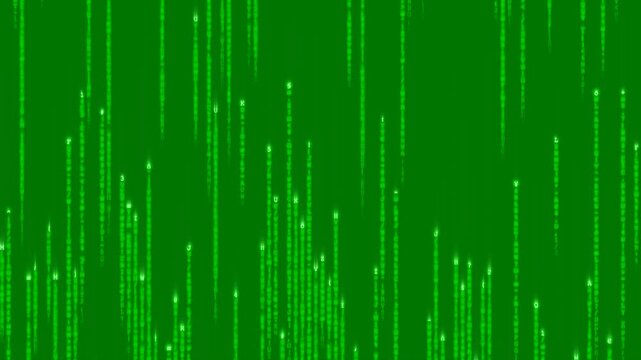 A dynamic digital rain animation featuring vertical glowing green alphanumeric character streams cascading down against a dark background, creating a high tech cyberpunk atmosphere