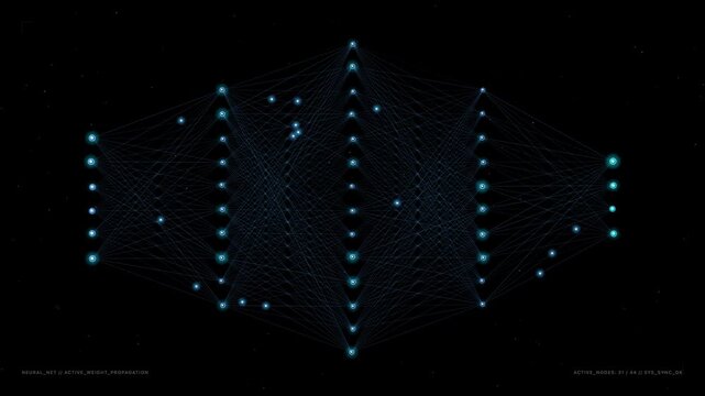An abstract digital animation of a multi layered neural network with glowing cyan nodes and intricate connection lines pulsing against a dark textured grid background.
