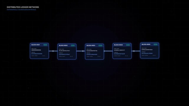 Neon blue digital blocks link sequentially on a dark textured grid background, displaying hash codes and transaction metadata with a high-tech cyan interface glow.