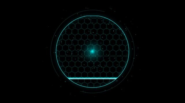 A sleek sci-fi HUD element featuring a vibrant cyan honeycomb pattern with a scanning horizontal line and a central focal light against a dark digital background.