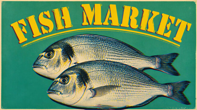 Horizontal colorful banner with close-up of fish on a plain green background with text for a fish market
