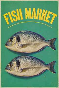 Vertical colorful banner with close-up of fish on a plain green background with text for a fish market