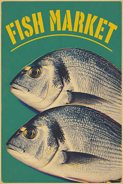 Vertical colorful banner with close-up of fish on a plain green background with text for a fish market
