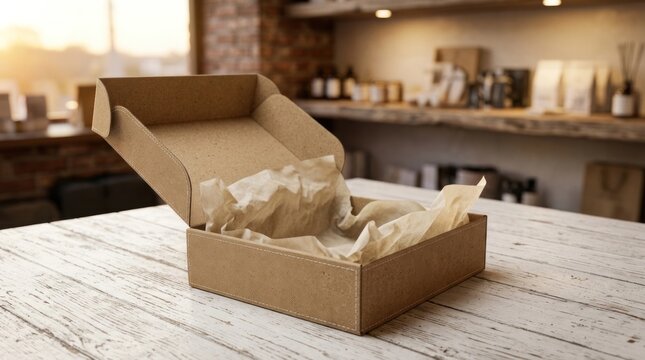 Open empty cardboard shipping box on wooden table.