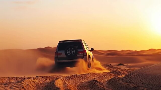 Sunset bathes desert sands in warm amber glow