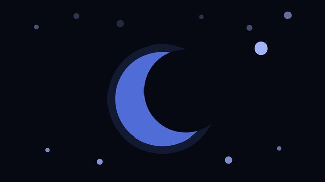 Minimalist night sky animation with crescent moon and twinkling stars, flat style motion