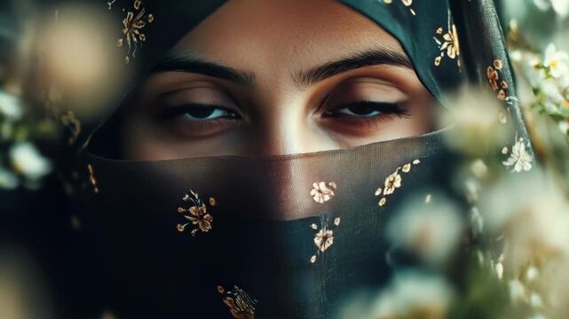 Eyes gaze through floral patterned veil