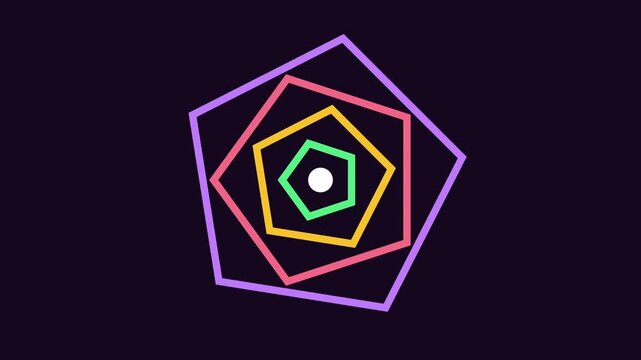 Abstract geometric pentagons pulsing animation, colorful neon concentric shapes rotating on dark background