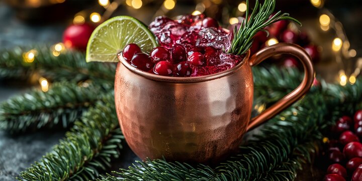 Cranberry Moscow mule fills a copper mug with vivid fruit, lime and rosemary. Evergreen and fairy lights frame a rustic luxurious Christmas drink.