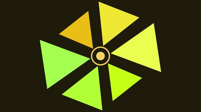 Abstract rotating geometric fan animation with vibrant green and yellow triangles on dark background