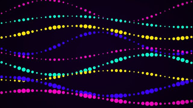 Abstract flowing lines of colorful dots on a dark background representing data streams or digital waves in motion