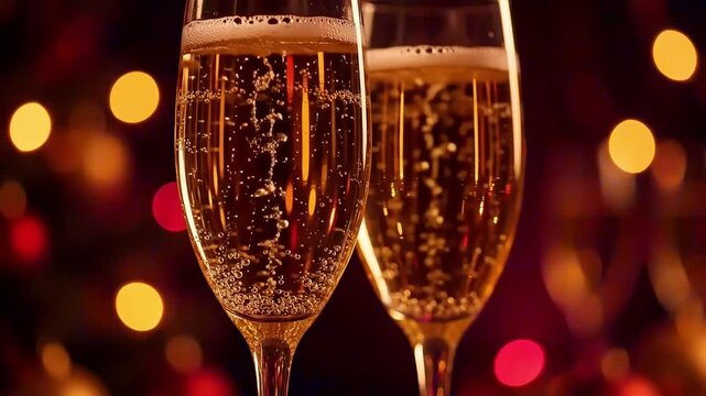 Two crystal champagne flutes with bubbling golden wine for celebration