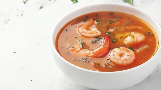 Fresh shrimp swim in vibrant broth