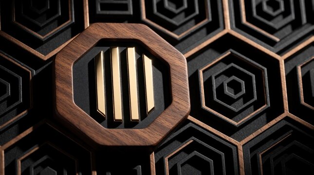Abstract geometric background with wooden octagon shape, gold bars. Hexagonal honeycomb pattern features dark textured surface with luxury gold elements. Modern 3D render design for tech brand,